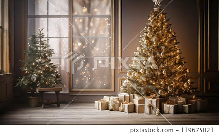 Christmas tree and Christmas presents in a warm room 119675021