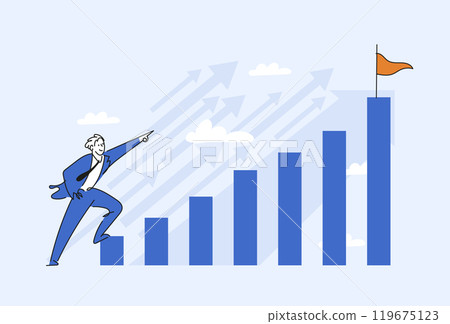 Businessman strives for the set goal, growing graph of achievements and profit. Concept of career growth, profitable startup, financial gain. Flat Vector illustration. 119675123