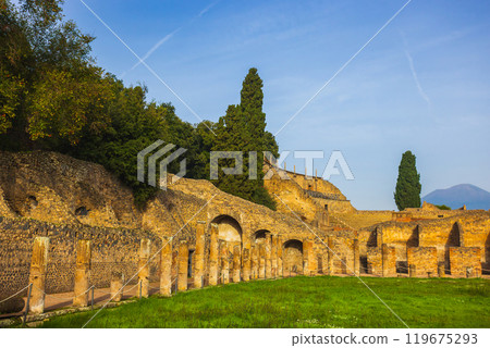 Ancient ruins of Pompei surrounded by lush greenery near Vesuvius volcano 119675293