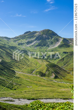 Mount Jodo and Mount Ryuo seen from the Raichozawa hiking trail. Climbing Mount Tsurugi in the Northern Alps Mount Jodo and Mount Ryuo seen from the Raichozawa hiking trail. Climbing Mount Tsurugi in the Northern Alps 119675323