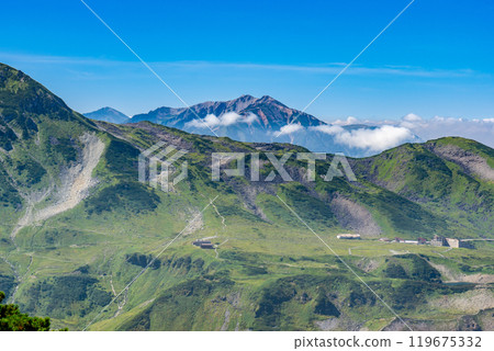 Murododaira and Mt. Yakushi seen from the Raichozawa hiking trail. Climbing Mt. Tsurugi in the Northern Alps 119675332