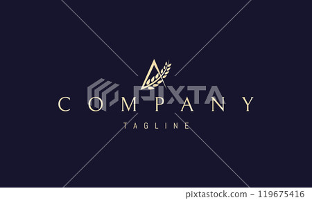 Vector golden logo with an abstract image of a wheat ear in the shape of the letter A. Vector golden logo with an abstract image of a wheat ear in the shape of the letter A. 119675416