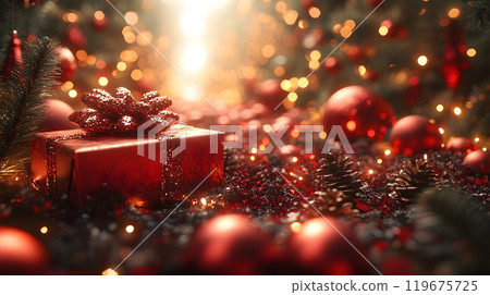 Classic Christmas scene in 3D, with a red theme, an abundance of gifts, shiny balls, and twinkling lights, creating a festive and joyful holiday mood. 119675725