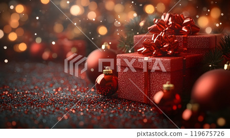 Red-themed holiday illustration in 3D, featuring stacks of gifts, gleaming ornaments, and warm lights, creating a classic Christmas atmosphere. Red-themed holiday illustration in 3D, featuring stacks of gifts, gleaming ornaments, and warm lights, creating a classic Christmas atmosphere. 119675726