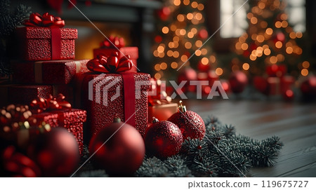 Red-themed holiday illustration in 3D, featuring stacks of gifts, gleaming ornaments, and warm lights, creating a classic Christmas atmosphere. 119675727