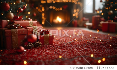Red-themed holiday illustration in 3D, featuring stacks of gifts, gleaming ornaments, and warm lights, creating a classic Christmas atmosphere. Red-themed holiday illustration in 3D, featuring stacks of gifts, gleaming ornaments, and warm lights, creating a classic Christmas atmosphere. 119675728
