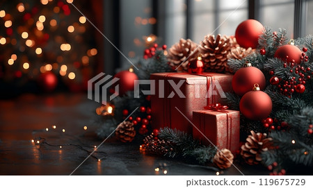 Red-themed holiday illustration in 3D, featuring stacks of gifts, gleaming ornaments, and warm lights, creating a classic Christmas atmosphere. 119675729