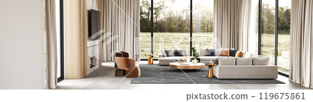 Modern Living Room featuring Large Windows that illuminate the space with Neutral Tones, 3d rendering Modern Living Room featuring Large Windows that illuminate the space with Neutral Tones, 3d rendering 119675861