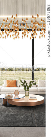 Modern living room showcasing stylish lighting paired with a stunning scenic view outside, 3d rendering Modern living room showcasing stylish lighting paired with a stunning scenic view outside, 3d rendering 119675868