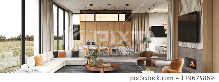 Contemporary Modern Living Room Featuring an Elegant Design and Abundant Natural Light, 3d rendering Contemporary Modern Living Room Featuring an Elegant Design and Abundant Natural Light, 3d rendering 119675869