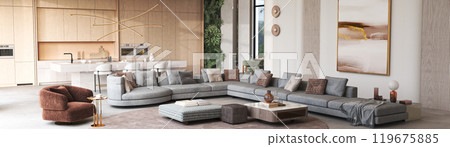 Experience the modern and luxurious living room featuring stylish furniture and exquisite decor, 3d rendering Experience the modern and luxurious living room featuring stylish furniture and exquisite decor, 3d rendering 119675885