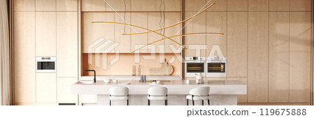 Modern kitchen that showcases a sleek design, featuring minimalist touches throughout the space, 3d rendering 119675888