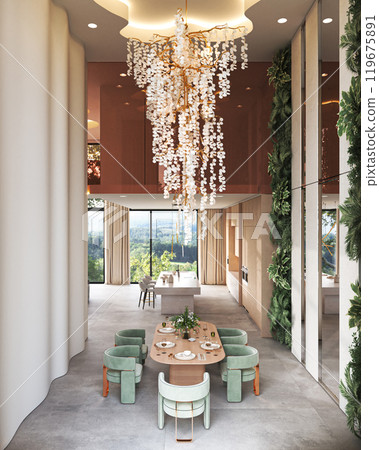 Elegant Modern Dining Space that Features a Luxurious Chandelier for Ultimate Sophistication, 3d rendering 119675891