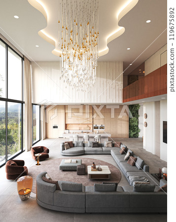 Elegant, Modern Luxurious Living Room Featuring an Artistic Chandelier and a Scenic View, 3d rendering 119675892