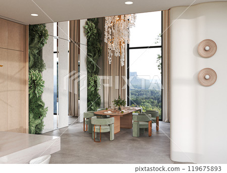 Modern Dining Area with Scenic Views and Elegant Decor, 3d rendering 119675893