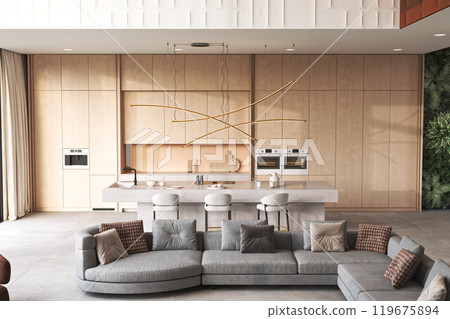 This minimalist living room has an open kitchen and incorporates natural design elements, 3d rendering This minimalist living room has an open kitchen and incorporates natural design elements, 3d rendering 119675894