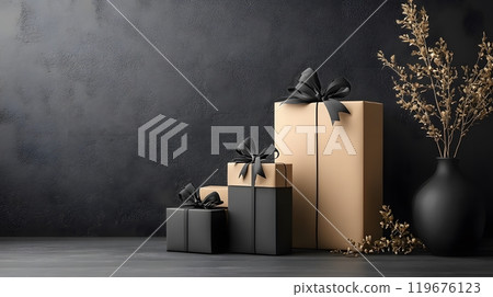 Minimalist Black Friday design with a monochromatic color scheme, featuring clean lines and prominent discount labels for an elegant yet striking look. 119676123