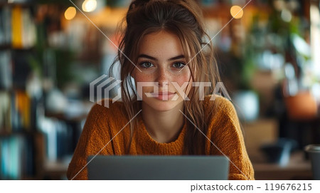 High-quality depiction of a female student focused on her laptop at a desk within a vibrant coworking environment, wide-angle half-body front view, eyes engaging with the camera, detailed and 119676215