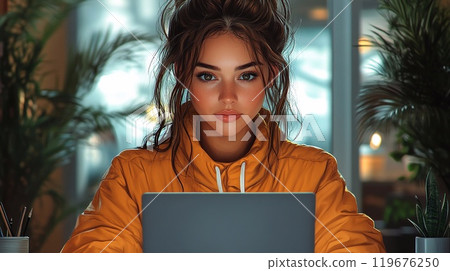 Realistic illustration of a freelance woman working online on her laptop in an open coworking space, wide-angle half-body front view, capturing her focused expression, and the collaborative work 119676250