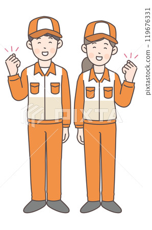 Full-body illustration of a gas station attendant posing with his fist in the air 119676331