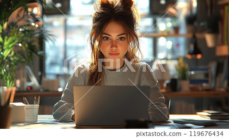 Detailed wide-angle half-body view of a freelance woman using a laptop in an open coworking space, front view, with high-quality realistic elements emphasizing the collaborative work environment 119676434