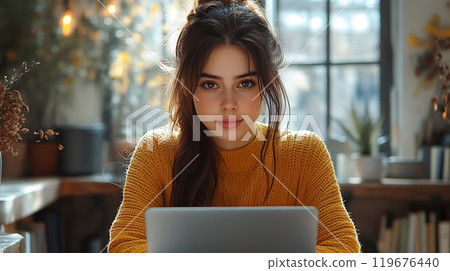Realistic illustration of a female student using her laptop on a desk in an open coworking space, wide-angle half-body front view, capturing her direct gaze at the camera, with detailed surroundings 119676440