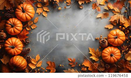 Happy Thanksgiving Day banner with pumpkins, golden leaves, and an inviting fall background, designed for sales 119676458