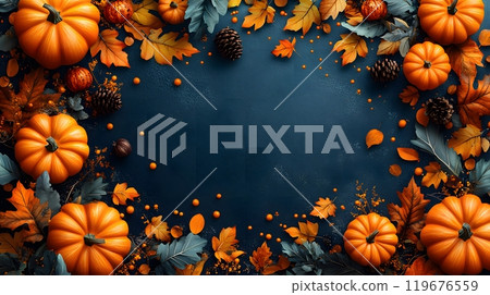 Horizontal Thanksgiving banner with pumpkins and scattered leaves, in a festive high-resolution vector design 119676559