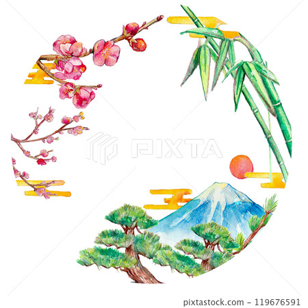 Watercolor frame of Mt. Fuji and pine, bamboo and plum 119676591
