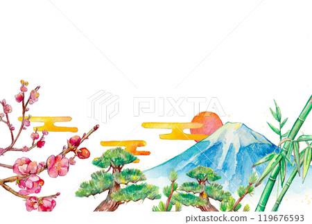 Background of Mt. Fuji and pine, bamboo and plum painted in watercolor 119676593