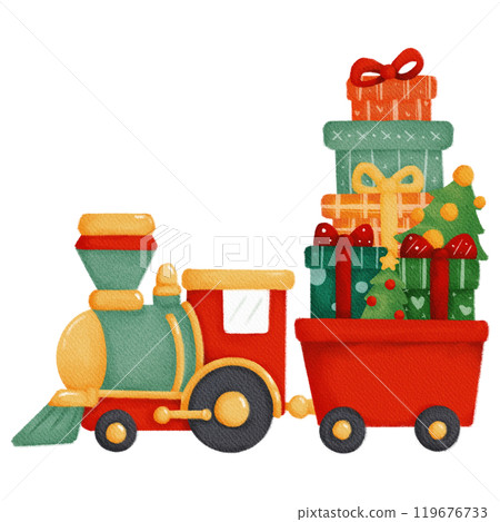 Vintage Christmas train filled with gifts, perfect for adding a nostalgic touch to holiday scenes. 119676733