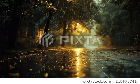 Raindrops fall softly on a quiet street, with warm light filtering through the trees, evoking a calm and serene evening ambiance Raindrops fall softly on a quiet street, with warm light filtering through the trees, evoking a calm and serene evening ambiance 119676741