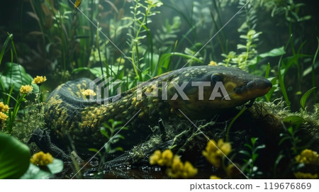 An electric eel is lying quietly on the riverbed surrounded by lush underwater vegetation and colorful flowers near the waters surface An electric eel is lying quietly on the riverbed surrounded by lush underwater vegetation and colorful flowers near the waters surface 119676869