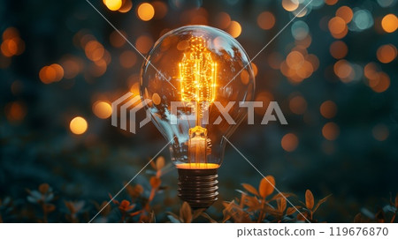 A bright light bulb illuminates lush green leaves, representing creativity and innovation in a peaceful outdoor setting 119676870