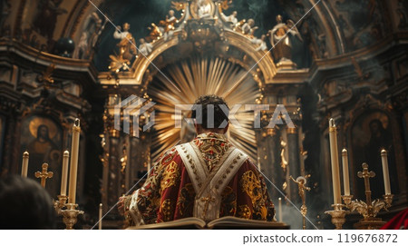 During an evening service, a priest performs the sacred Eucharist ceremony at a richly adorned church filled with warmth and reverence 119676872