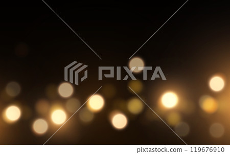 Golden Bokeh Lights on Dark Background. Warm Glow of Defocused Light Orbs in Night 119676910