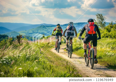 A group of cyclists riding along a scenic trail through diverse landscapes, enjoying the outdoors and adventure, shared hobby for a group of people, deep connections A group of cyclists riding along a scenic trail through diverse landscapes, enjoying the outdoors and adventure, shared hobby for a group of people, deep connections 119676949
