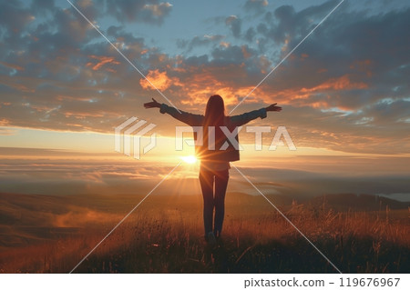 A young woman stands on a hilltop with her arms outstretched towards the sunrise, embracing the optimism and hope of a new day filled with possibility and strength 119676967