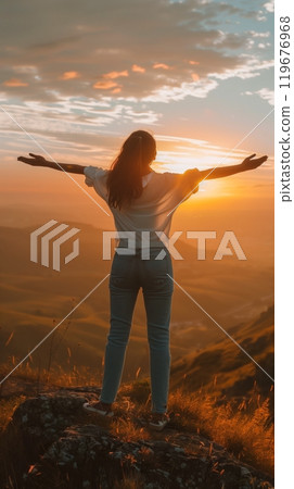 As the sun rises, a woman stands with arms wide open, symbolizing freedom, joy, and the optimism that comes with each fresh start, bathed in the warm morning light 119676968