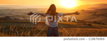 A serene scene of a woman on a hilltop, arms reaching towards the sunrise, reflecting the beauty of nature and the spirit of renewal, hope, and optimism, banner A serene scene of a woman on a hilltop, arms reaching towards the sunrise, reflecting the beauty of nature and the spirit of renewal, hope, and optimism, banner 119676969
