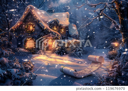 A snowy winter scene with a charming cottage lit up with glowing Christmas lights, surrounded by frosty pine trees and snowfall, with a holiday invitation scroll in the foreground A snowy winter scene with a charming cottage lit up with glowing Christmas lights, surrounded by frosty pine trees and snowfall, with a holiday invitation scroll in the foreground 119676970