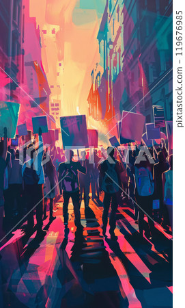 In this protest, two groups stand on opposite sides of a barrier, each displaying signs that reflect their conflicting viewpoints, polarized landscape, division or lamination of society 119676985