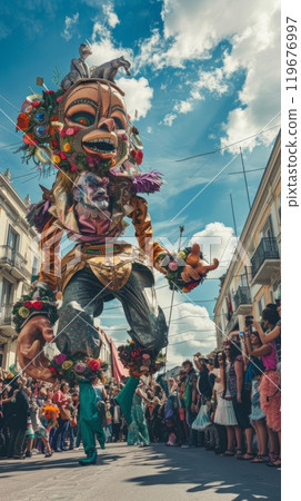 The parade showcases a spectacular display of creativity with giant puppet floats and participants in detailed, extravagant costumes, entertaining the lively, joyous crowd, unusualness explosion 119676997