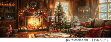 In this cozy living room, the Christmas decorations include a warm fireplace and an exquisitely adorned Christmas tree, setting a cheerful and inviting holiday scene, banner In this cozy living room, the Christmas decorations include a warm fireplace and an exquisitely adorned Christmas tree, setting a cheerful and inviting holiday scene, banner 119677037