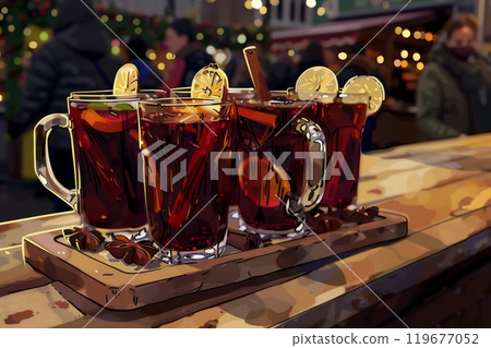 A cozy Christmas fair scene with glasses of mulled wine served on a wooden tray, adorned with spices and fruits, placed on a bar rack at a festive stall 119677052