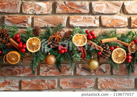 A lush Christmas garland , featuring fresh greenery, holly, and shiny baubles, hangs elegantly on a brick wall, adding festive charm to your home 119677057