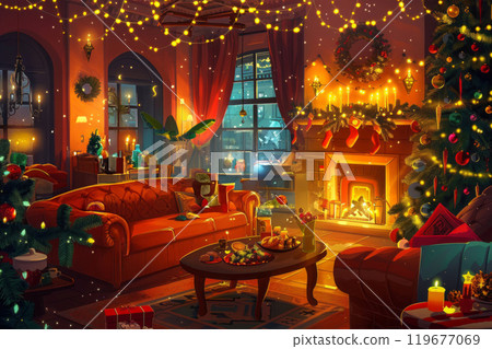 A lively illustration of a Christmas party in a beautifully decorated living room with people laughing, exchanging gifts, and enjoying festive foods 119677069