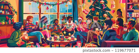A festive scene of a Christmas party in a warmly decorated living room, where people laugh, exchange gifts, and celebrate with delicious holiday foods 119677071
