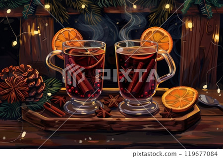 Two steaming glasses of Christmas mulled wine on a wooden tray, surrounded by cinnamon, star anise, orange slices, pine cones, holly, and glowing fairy lights at a festive stall 119677084