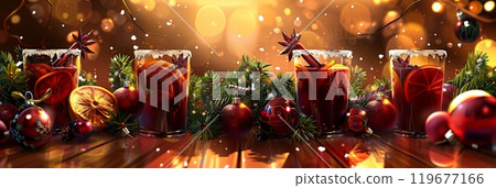 Glasses of steaming mulled wine, spiced with cinnamon and star anise, rest on a wooden tray at a Christmas stall bar, capturing the holiday spirit at a festive fair, banner 119677166